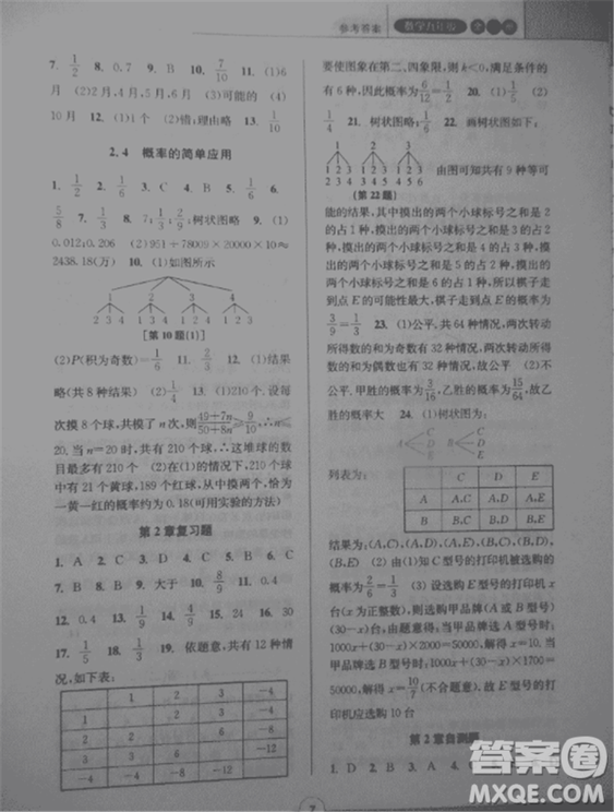 2018新版課時特訓(xùn)數(shù)學(xué)九年級全一冊浙教版參考答案