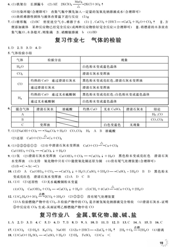 2018全新修訂版鐘書金牌上海作業(yè)九年級(jí)上化學(xué)參考答案