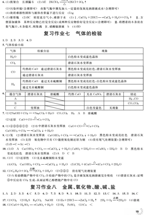 2018全新修訂版鐘書金牌上海作業(yè)九年級(jí)上化學(xué)參考答案