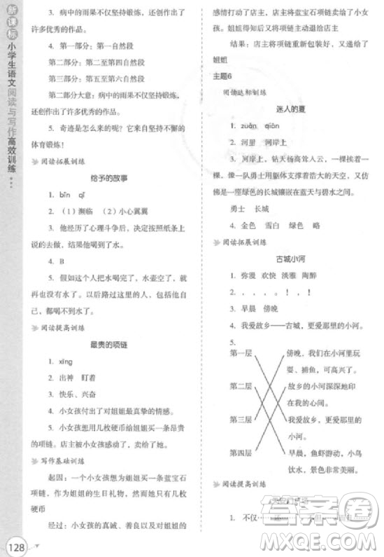 2018年新課標(biāo)小學(xué)生語文閱讀與寫作高效訓(xùn)練四年級(jí)參考答案