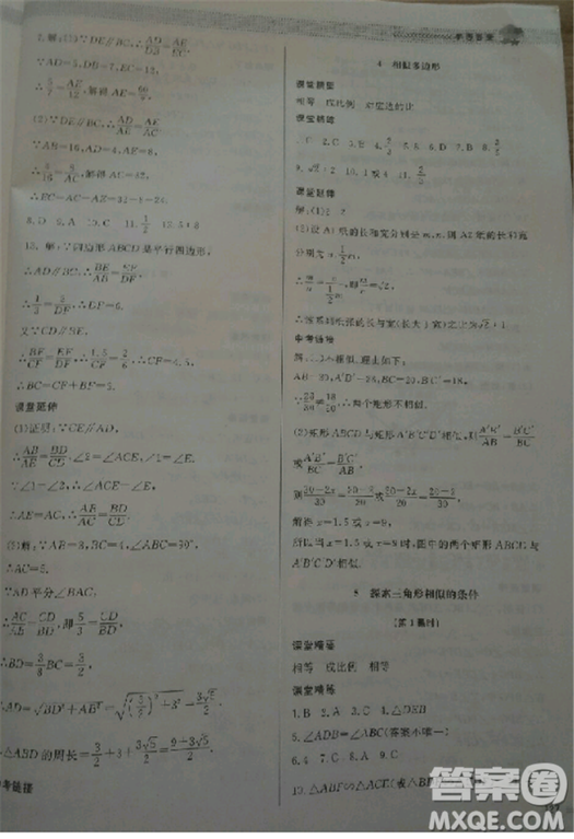 2018北師大版九年級(jí)上冊(cè)數(shù)學(xué)課堂精練第5版參考答案