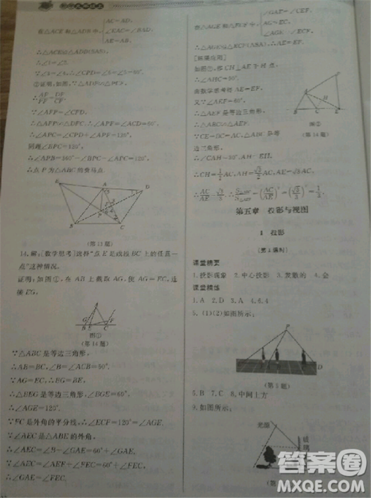 2018北師大版九年級(jí)上冊(cè)數(shù)學(xué)課堂精練第5版參考答案