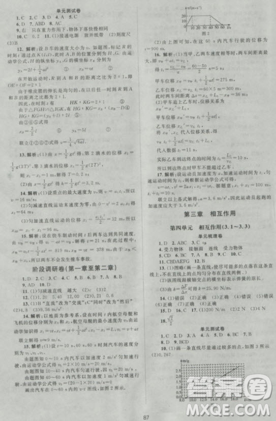 2018年新課標單元測試卷高中物理必修1人教版參考答案