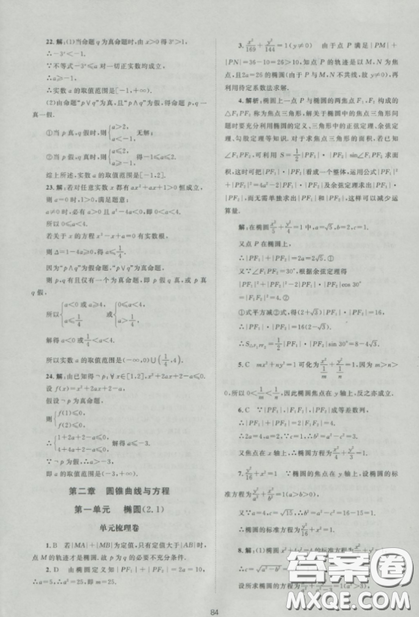 2018新課標(biāo)單元測試卷人教版高中數(shù)學(xué)選修1-1參考答案