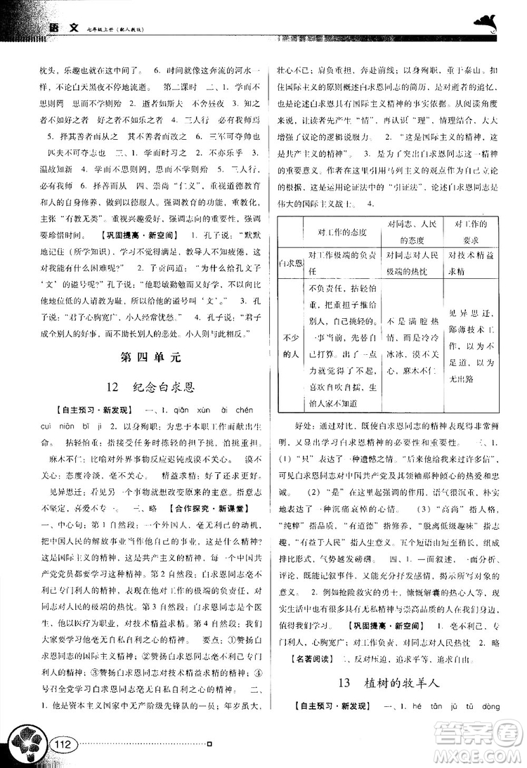 2018南方新課堂金牌學(xué)案七年級(jí)上冊(cè)語文人教版參考答案