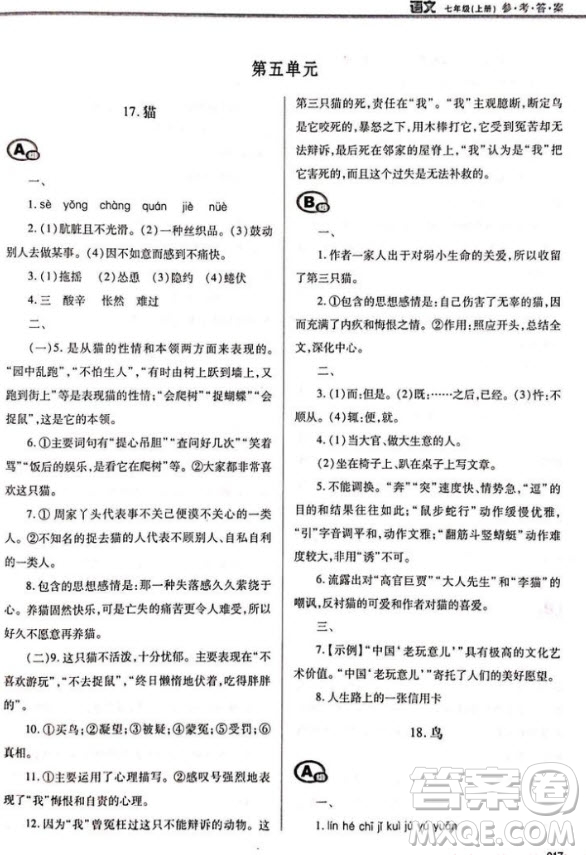 學(xué)習(xí)質(zhì)量監(jiān)測七年級語文2018人教版答案