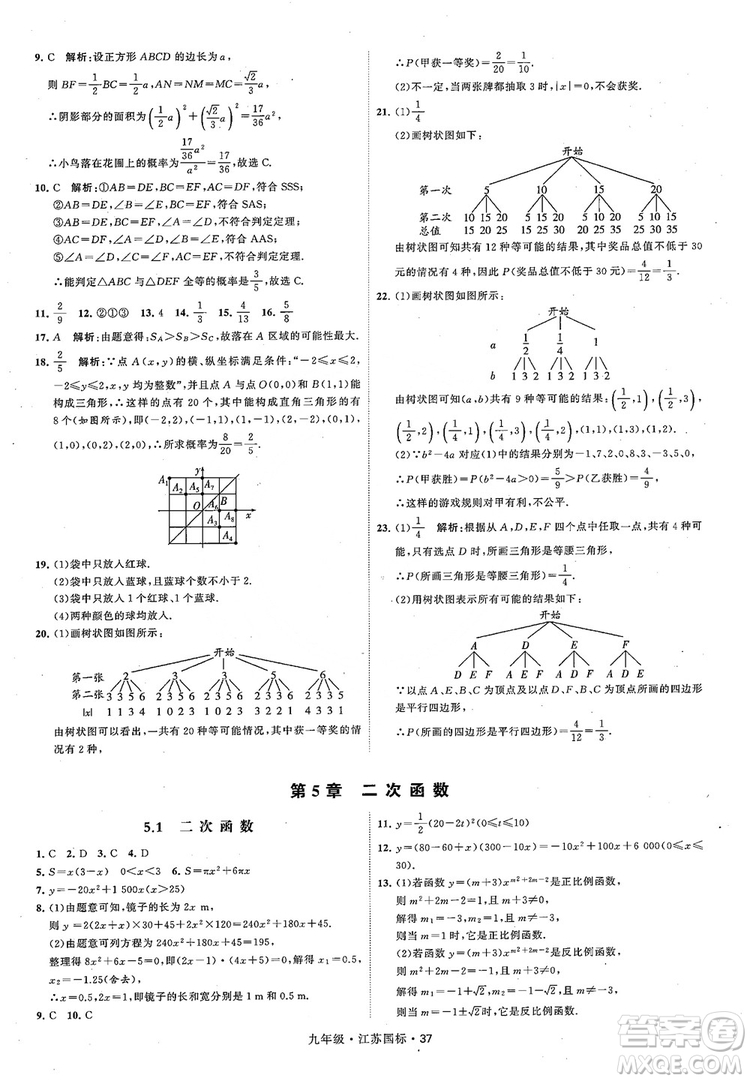 2018秋學(xué)霸題中題數(shù)學(xué)九年級全一冊蘇科版江蘇國標(biāo)參考答案