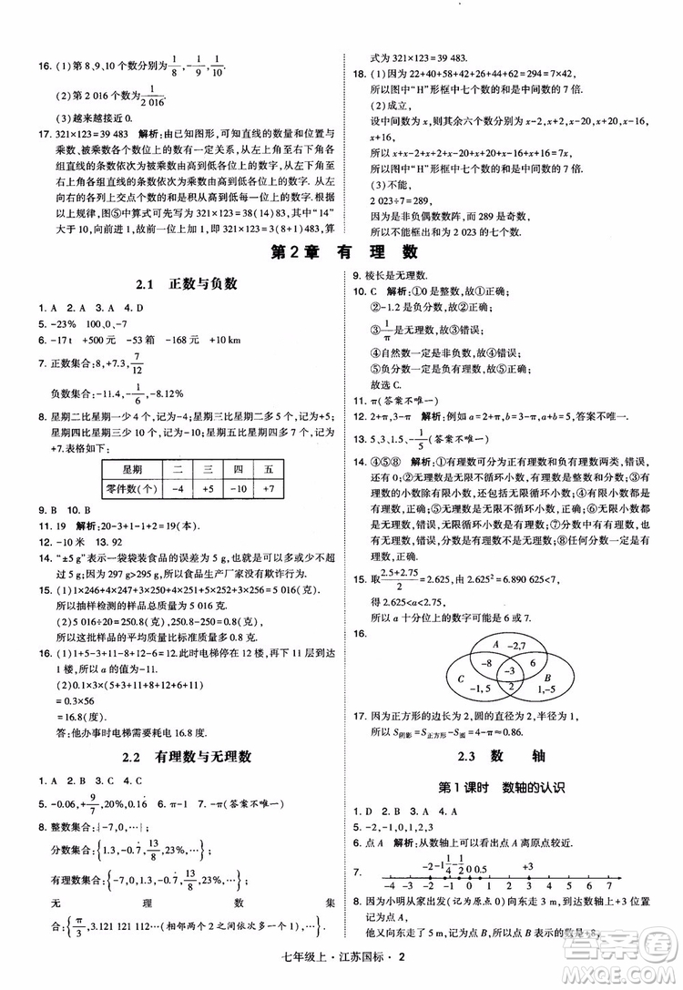 2018秋學(xué)霸題中題初中數(shù)學(xué)七年級(jí)上冊(cè)蘇科版江蘇國(guó)標(biāo)參考答案