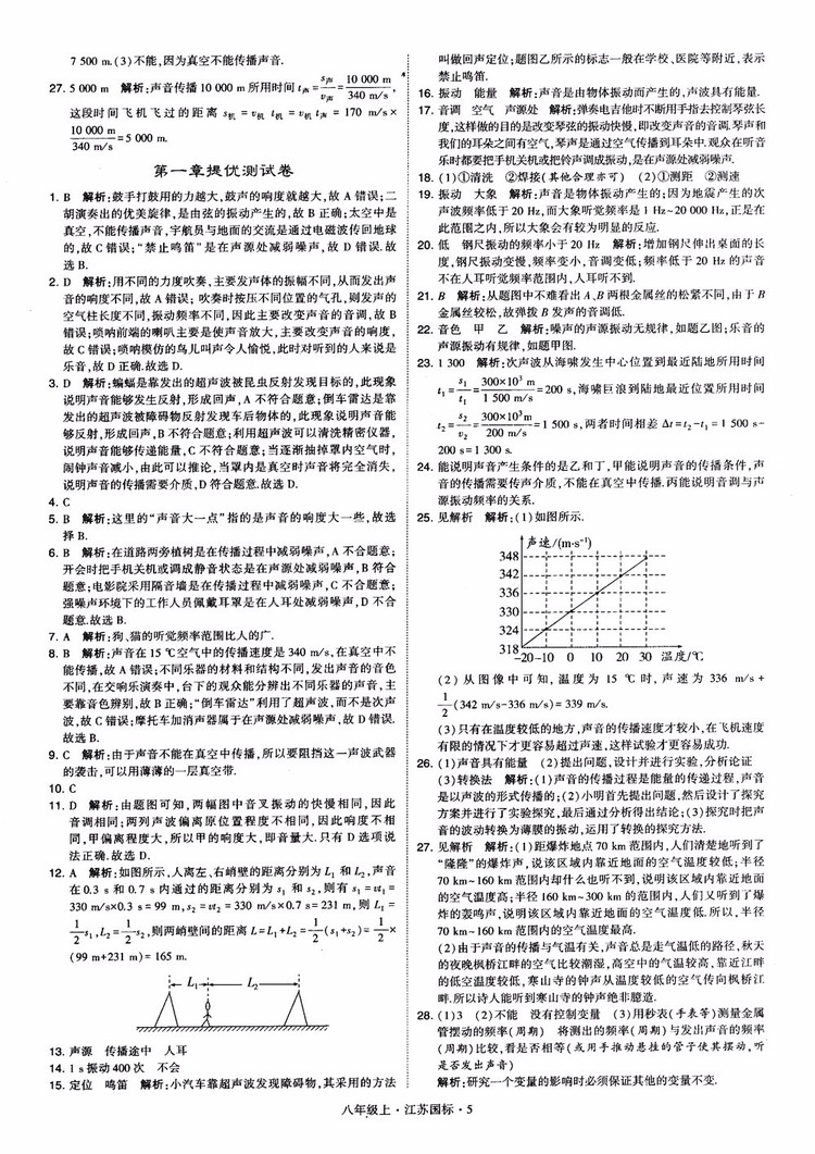 2018秋學(xué)霸題中題初中物理八年級上冊蘇科版江蘇國標(biāo)參考答案