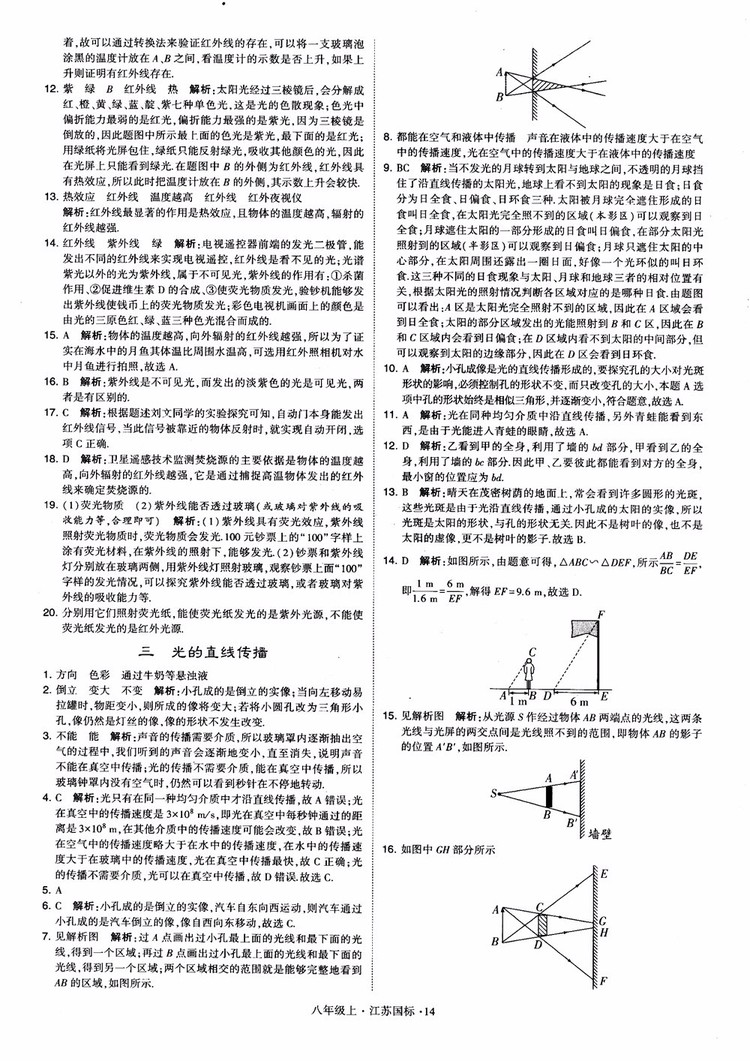 2018秋學(xué)霸題中題初中物理八年級上冊蘇科版江蘇國標(biāo)參考答案