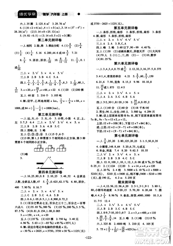 2018年最新版小學(xué)生績優(yōu)學(xué)案六年級數(shù)學(xué)上冊參考答案