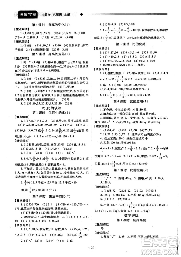 2018年最新版小學(xué)生績優(yōu)學(xué)案六年級數(shù)學(xué)上冊參考答案