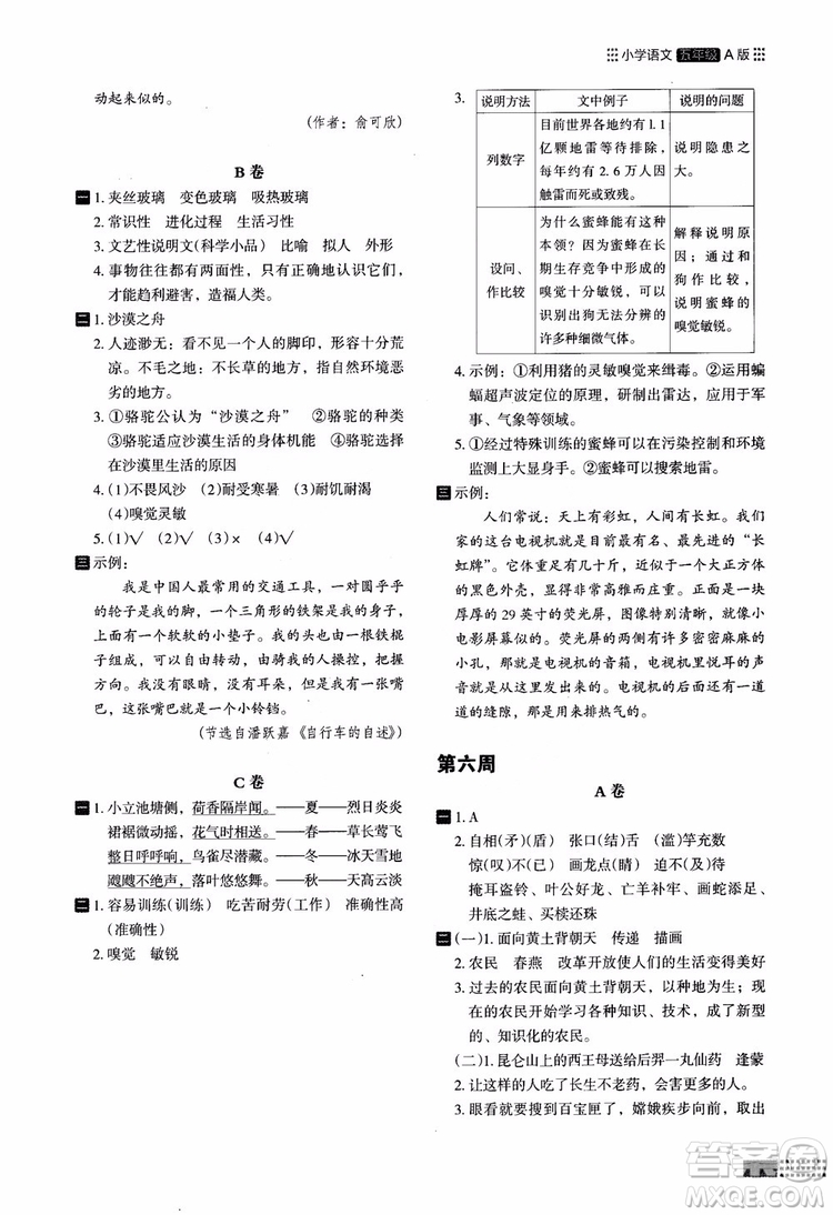 2018年木頭馬閱讀小卷小學語文5年級A版參考答案