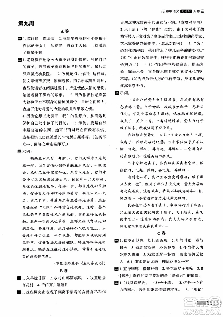 2018年木頭馬閱讀小卷初中語文7年級A版參考答案