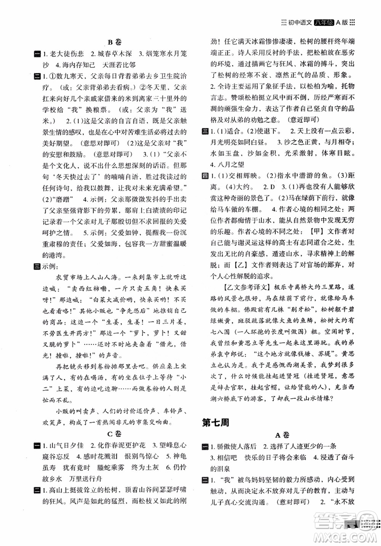 2018部編版木頭馬閱讀小卷初中語(yǔ)文8年級(jí)A版參考答案