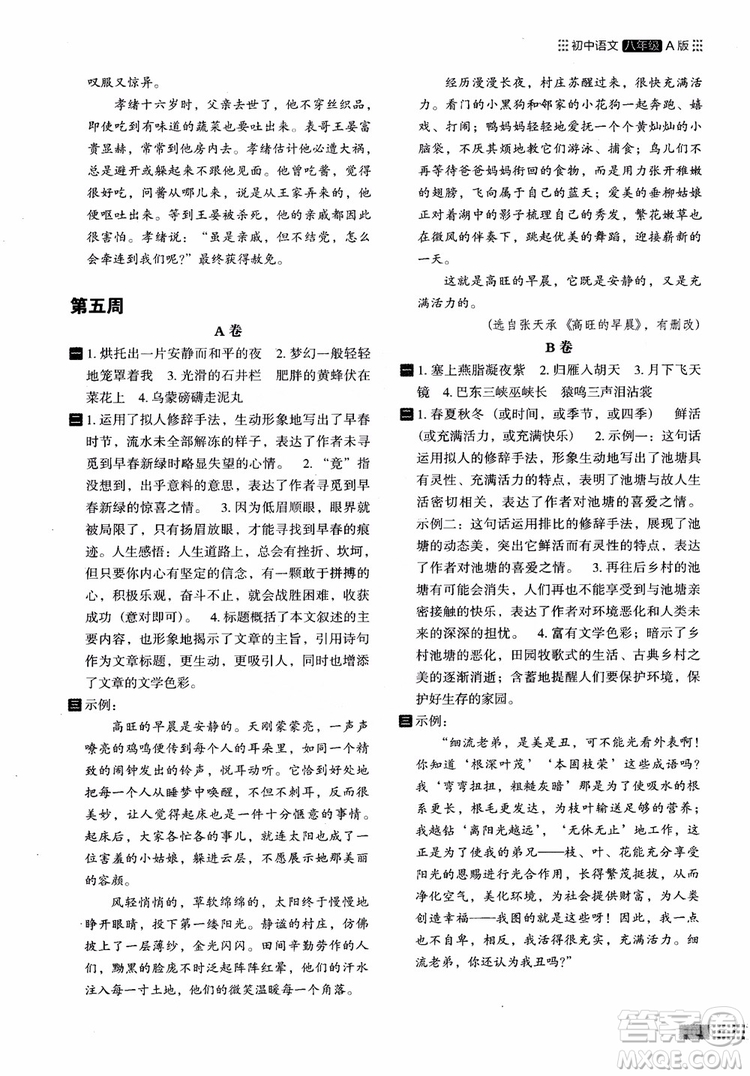 2018部編版木頭馬閱讀小卷初中語(yǔ)文8年級(jí)A版參考答案