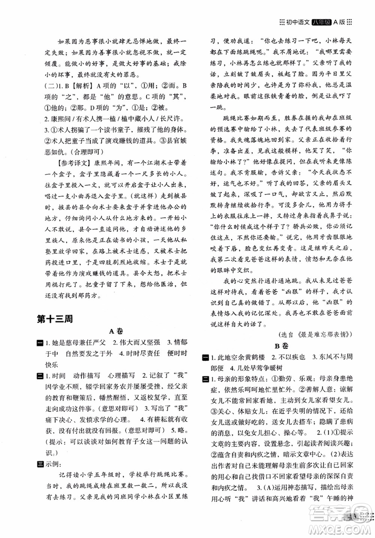 2018部編版木頭馬閱讀小卷初中語(yǔ)文8年級(jí)A版參考答案
