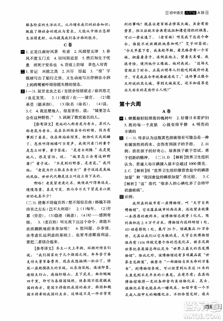 2018部編版木頭馬閱讀小卷初中語(yǔ)文8年級(jí)A版參考答案