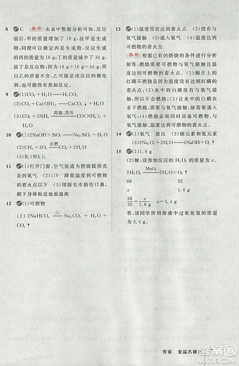 2018滬教版全品大講堂初中化學(xué)九年級上冊參考答案