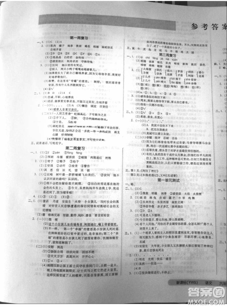 2018秋全品小復(fù)習(xí)六年級(jí)語(yǔ)文上冊(cè)語(yǔ)文S版參考答案