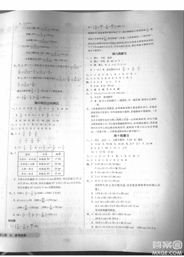 全品小復(fù)習(xí)2018六年級(jí)數(shù)學(xué)上冊(cè)人教版參考答案