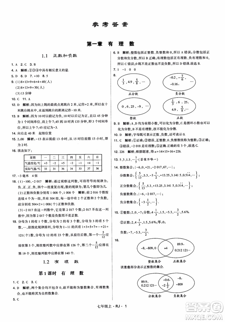 2018年學(xué)霸題中題七年級上冊數(shù)學(xué)人教版參考答案