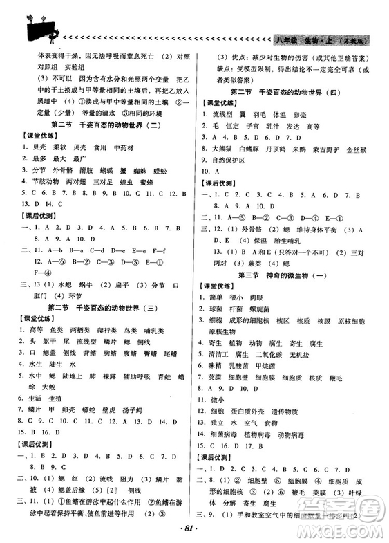 2018蘇教版全優(yōu)點(diǎn)練課計(jì)劃八年級(jí)生物上冊參考答案