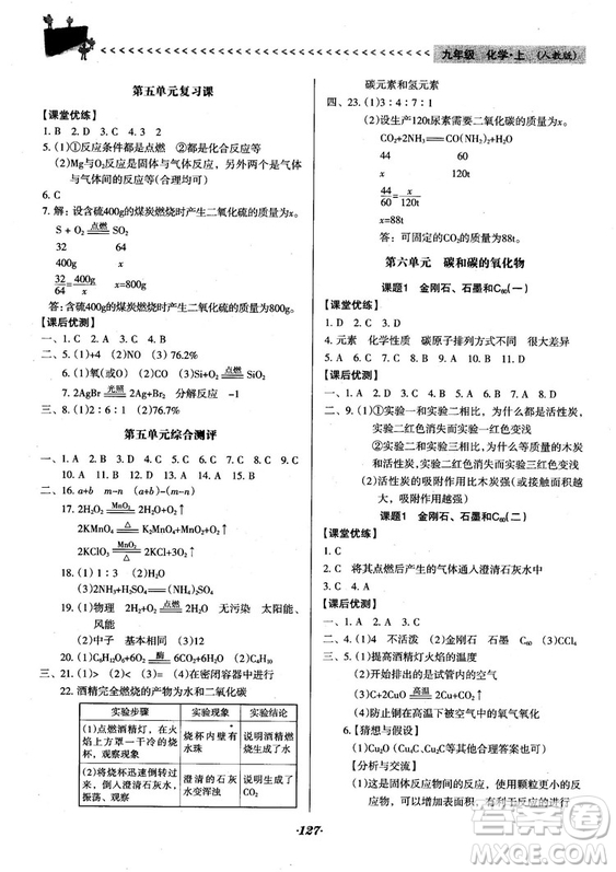 2018人教版全優(yōu)點(diǎn)練課計(jì)劃九年級化學(xué)上冊人教版參考答案