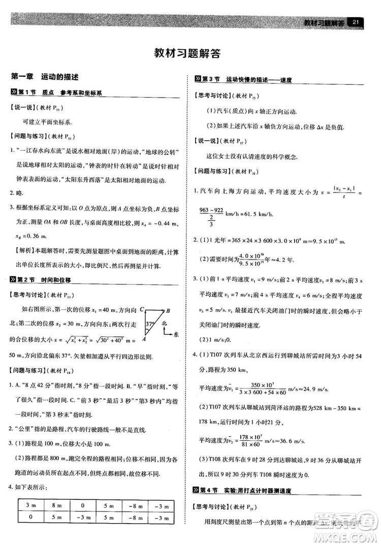 人教版2019最新教材完全解讀高中物理必修1參考答案