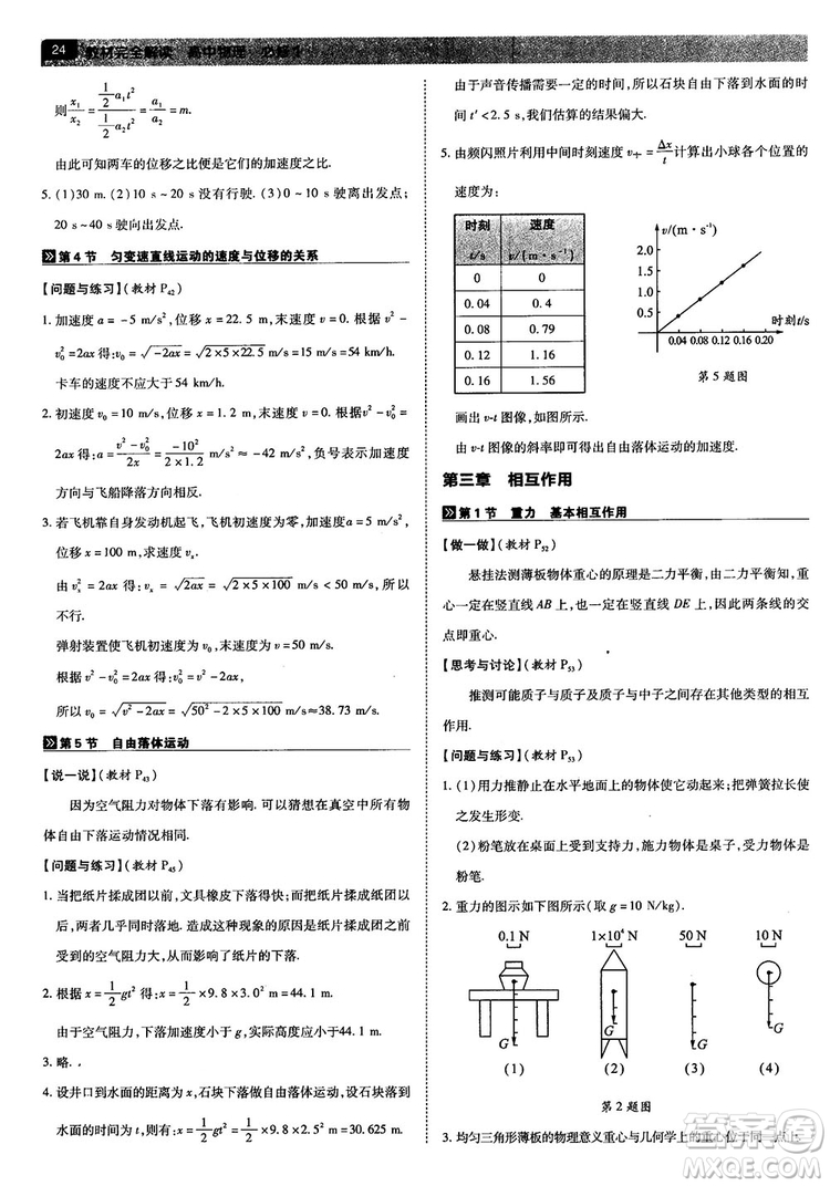 人教版2019最新教材完全解讀高中物理必修1參考答案