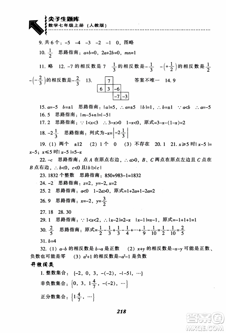 2018秋尖子生題庫數(shù)學7年級上冊RJ人教版參考答案
