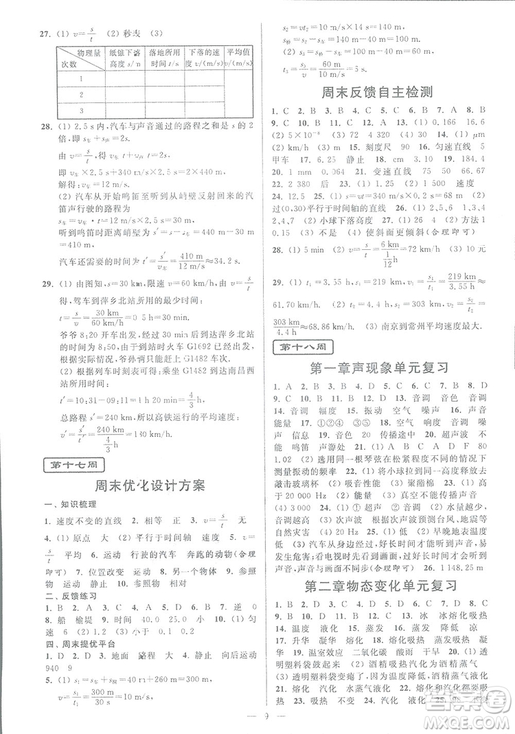 2018秋亮點(diǎn)給力周末優(yōu)化設(shè)計(jì)大試卷物理八年級(jí)上冊新課標(biāo)江蘇版答案