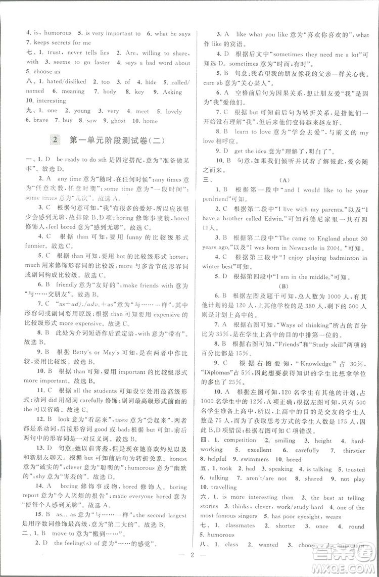 亮點(diǎn)給力大試卷八年級(jí)上英語2018江蘇版新課標(biāo)參考答案