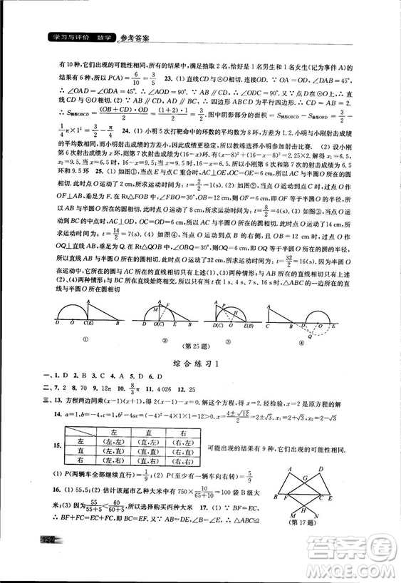 2018秋蘇科版數(shù)學學習與評價九年級上冊參考答案