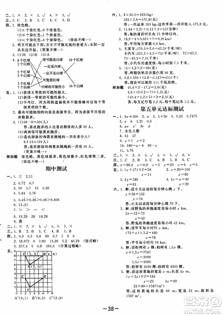 53天天練五年級(jí)上冊(cè)數(shù)學(xué)人教版9787504196156參考答案