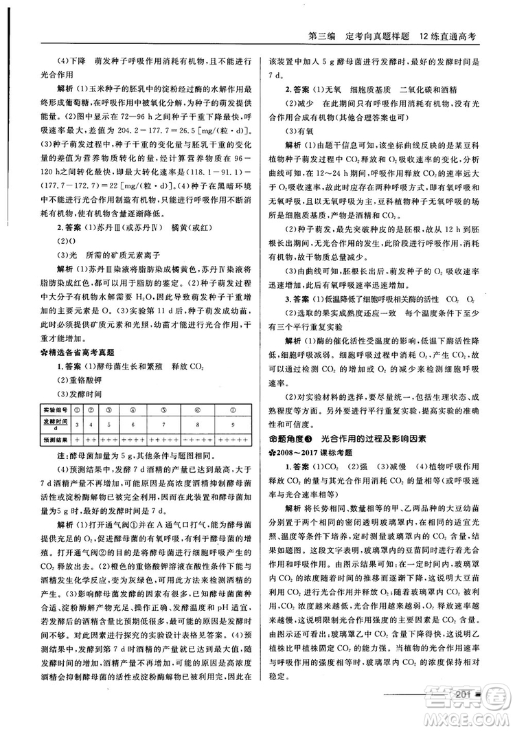 2018十年高考一年好題高考復習資料生物參考答案