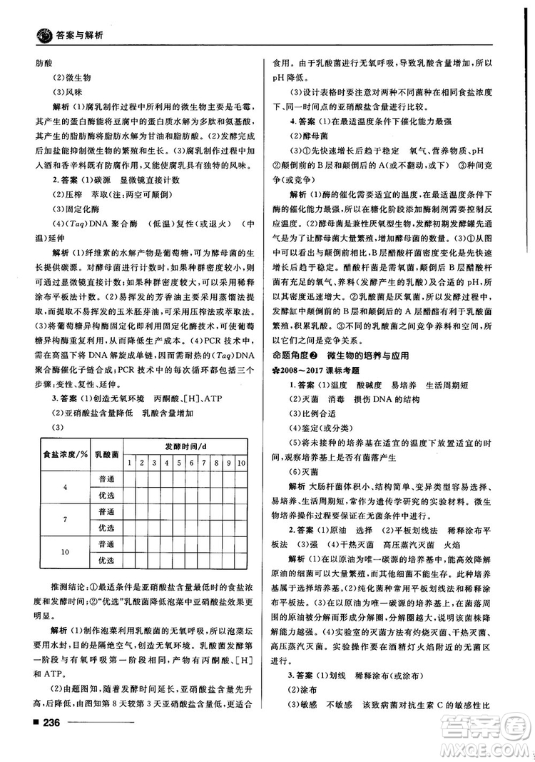 2018十年高考一年好題高考復習資料生物參考答案