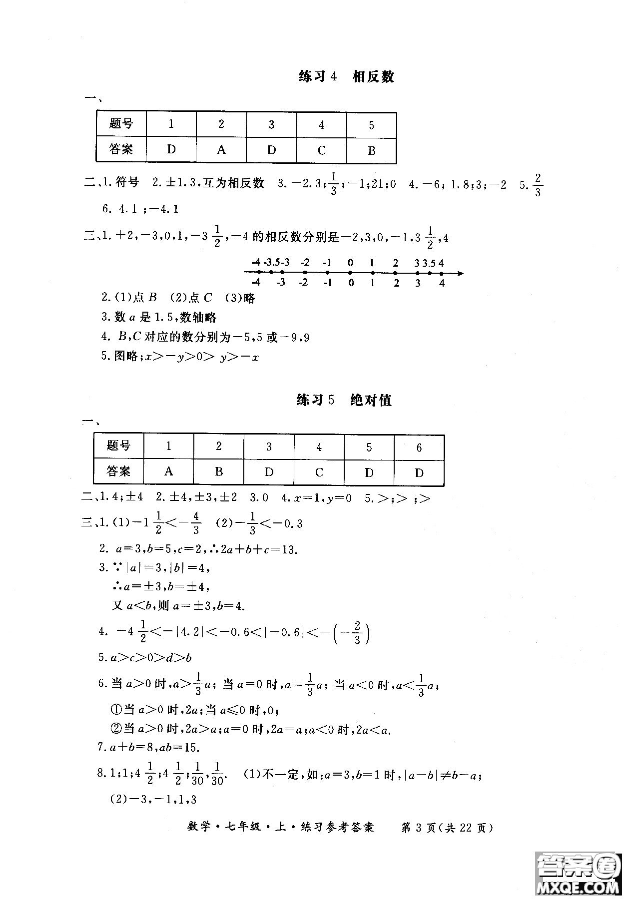 2018年新課標(biāo)形成性練習(xí)與檢測七年級(jí)數(shù)學(xué)上參考答案