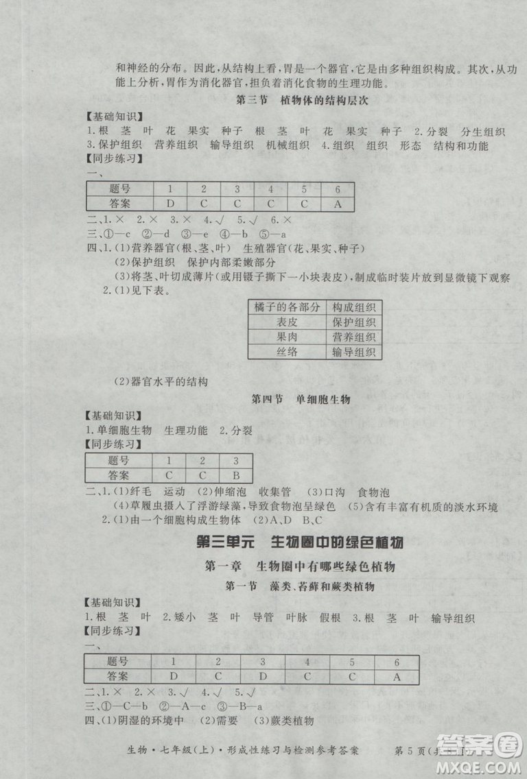 新課標(biāo)形成性練習(xí)與檢測七年級生物上冊2018參考答案