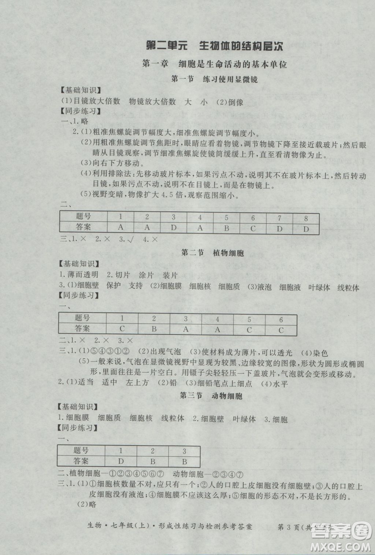 新課標(biāo)形成性練習(xí)與檢測七年級生物上冊2018參考答案