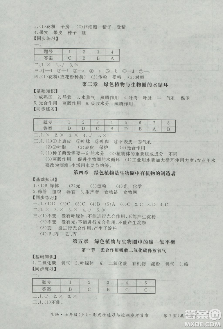 新課標(biāo)形成性練習(xí)與檢測七年級生物上冊2018參考答案