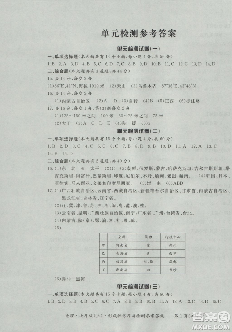 2018秋七年級(jí)地理上新課標(biāo)形成性練習(xí)與檢測(cè)參考答案