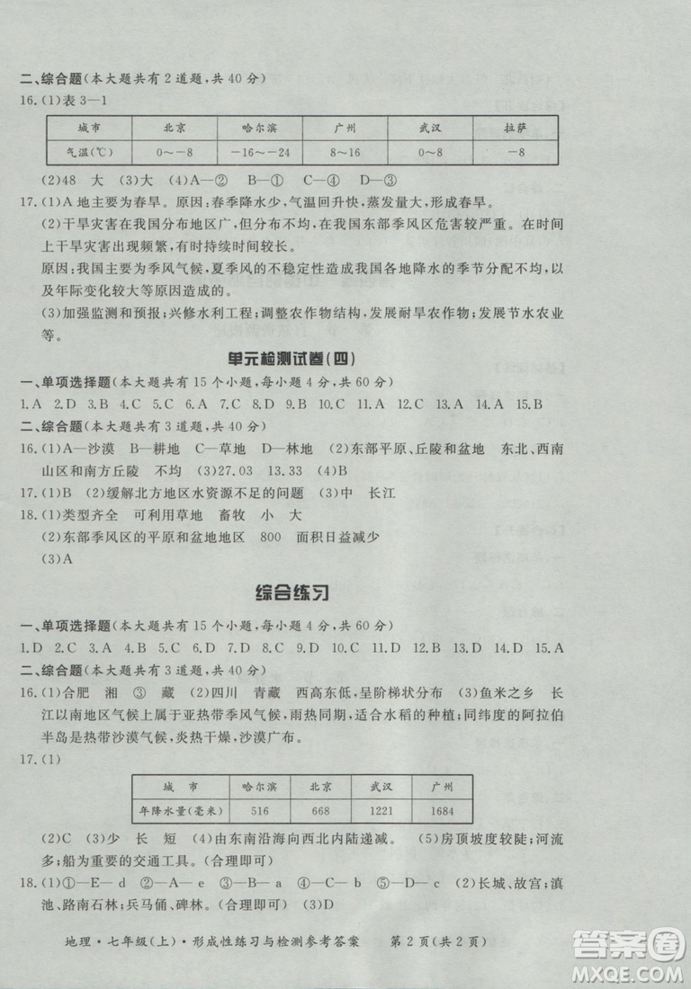2018秋七年級(jí)地理上新課標(biāo)形成性練習(xí)與檢測(cè)參考答案