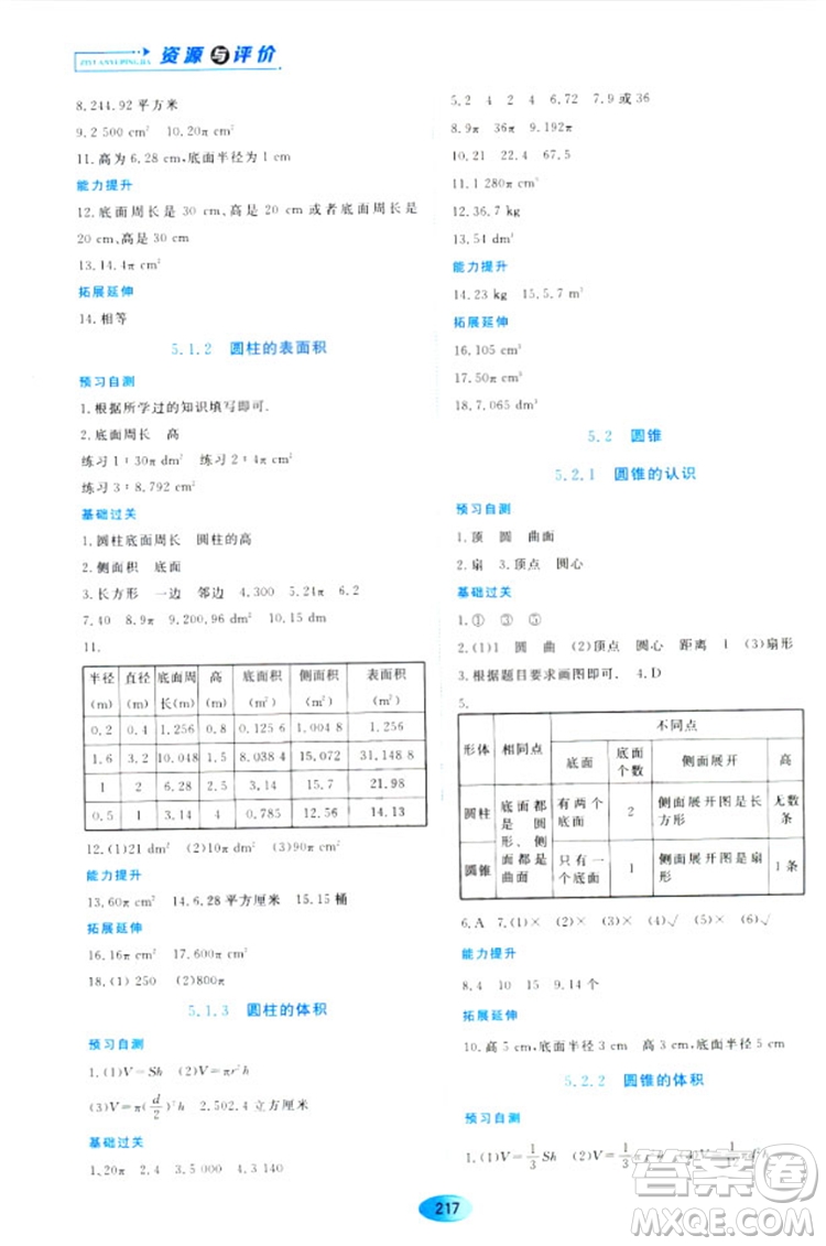 五四學(xué)制2018資源與評(píng)價(jià)六年級(jí)數(shù)學(xué)上冊(cè)人教版參考答案