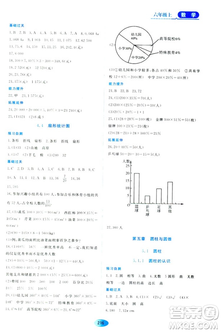 五四學(xué)制2018資源與評(píng)價(jià)六年級(jí)數(shù)學(xué)上冊(cè)人教版參考答案