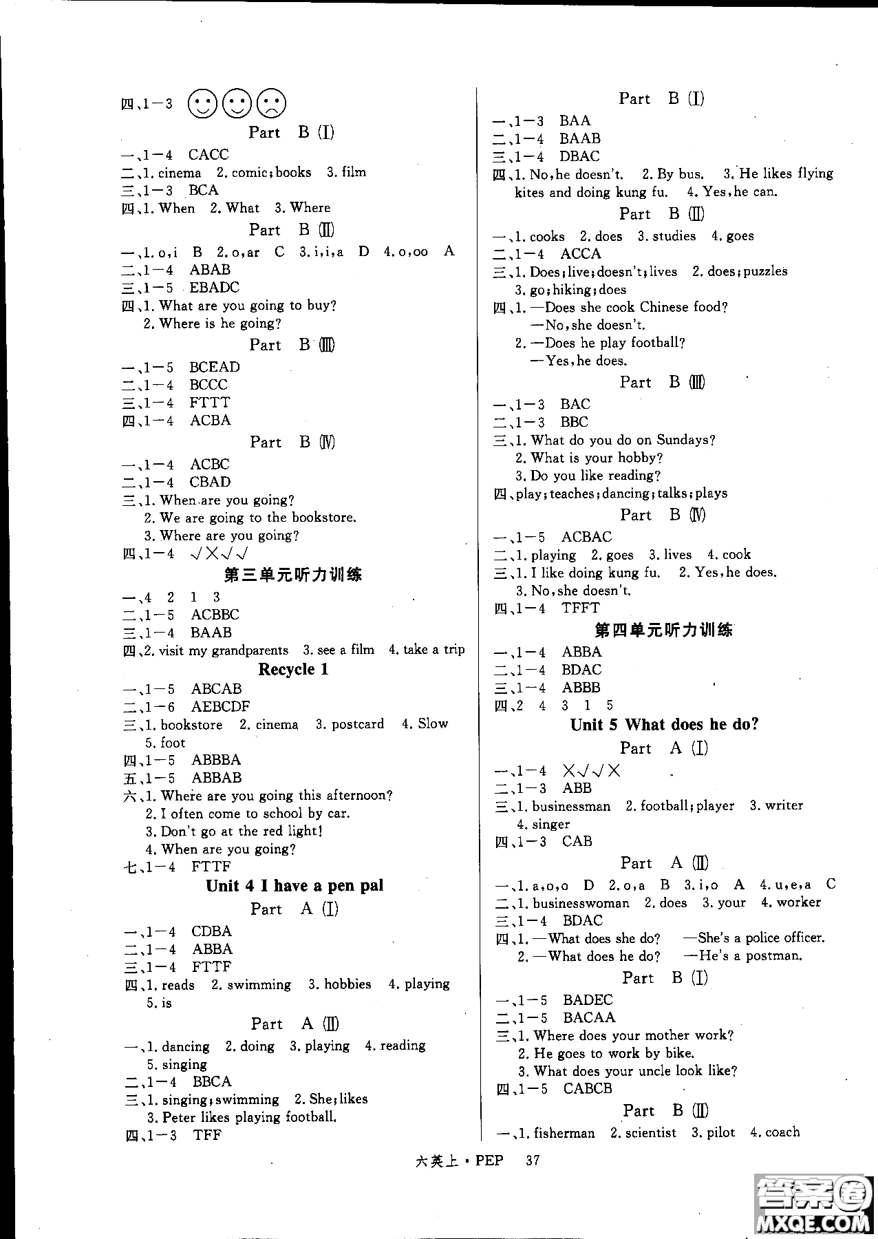 9787563491667新課標(biāo)人教版優(yōu)翼學(xué)練優(yōu)六年級(jí)英語(yǔ)PEP上冊(cè)參考答案