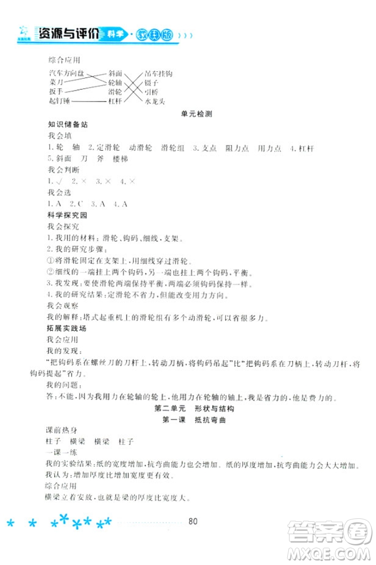 2018教科版資源與評價(jià)六年級上冊科學(xué)參考答案