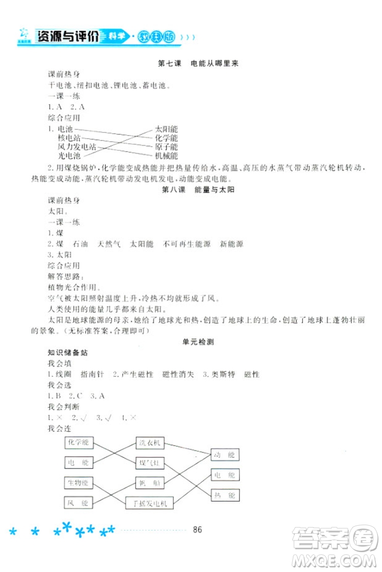 2018教科版資源與評價(jià)六年級上冊科學(xué)參考答案