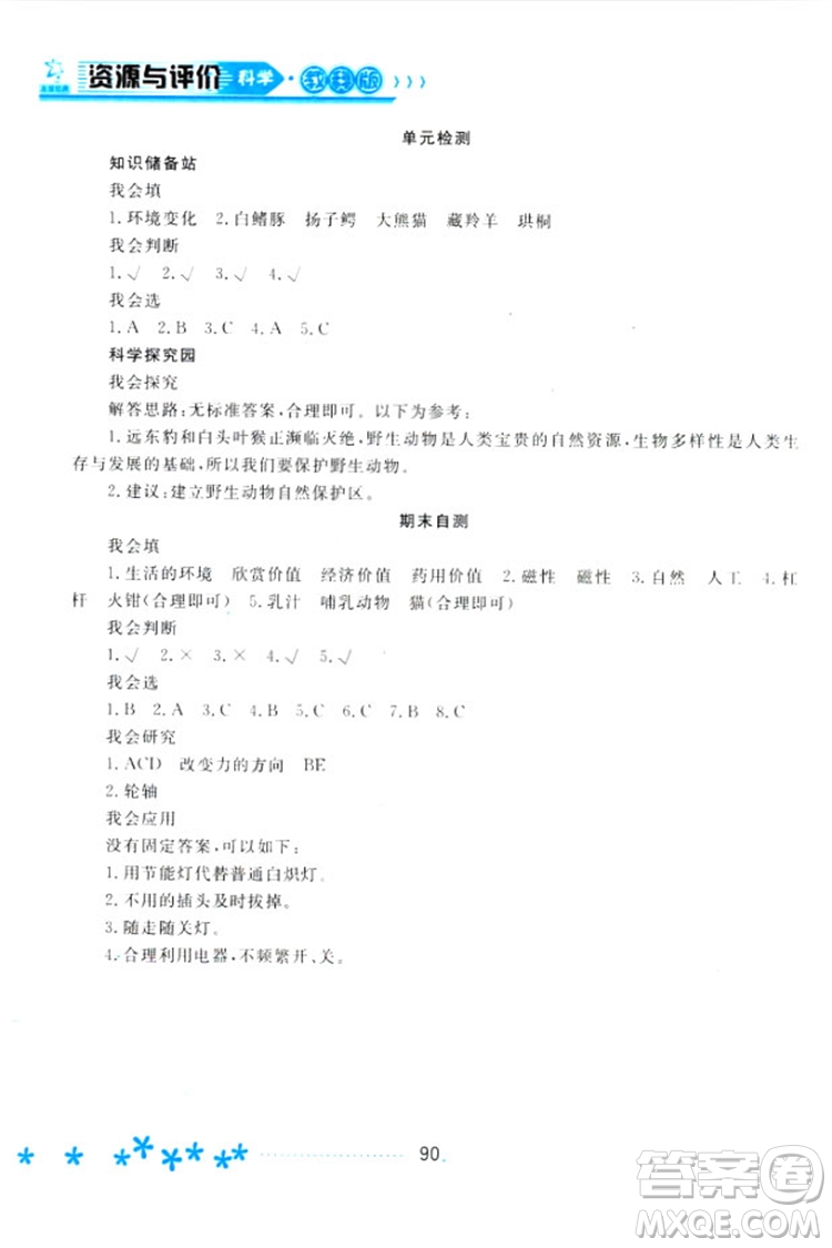 2018教科版資源與評價(jià)六年級上冊科學(xué)參考答案