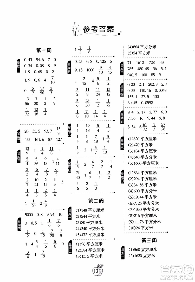 2018秋春雨教育專項訓(xùn)練小學(xué)數(shù)學(xué)計算高手六年級數(shù)學(xué)上冊JSJY蘇教版參考答案